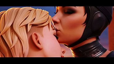 Spider-Gwen x Catwoman lesbian kissing (Spiderman into the spiderverse, Injustice 2/AI generated)